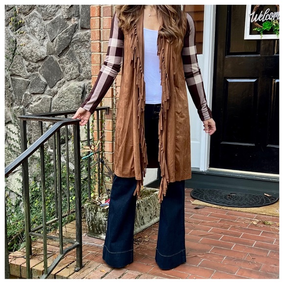 Boho Light faux suede fringed cardigan with plaid sleeves contrast - Picture 6 of 6